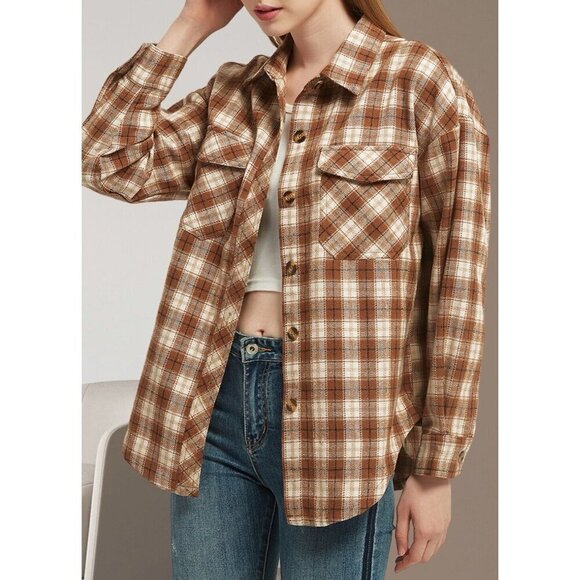 Bohme Tops - Böhme oversized brown and beige plaid flannel shacket Size Small Brown & White